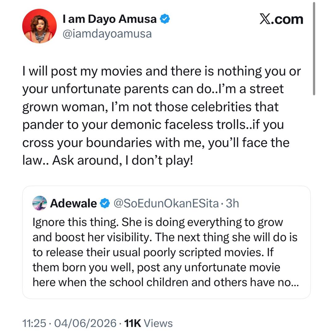 Insecurity: Actress Dayo Amusa trade words with X-users who cussed her out after she appealed to Nigerians to stop attacking her colleagues currently promoting their movies